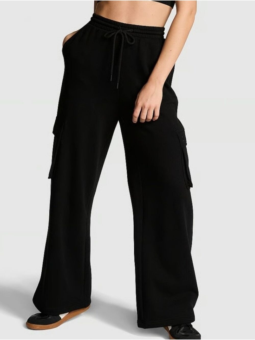 PINK VS Campus Fleece Wide-Leg Cargo Sweatpants Sz XS Black NWT